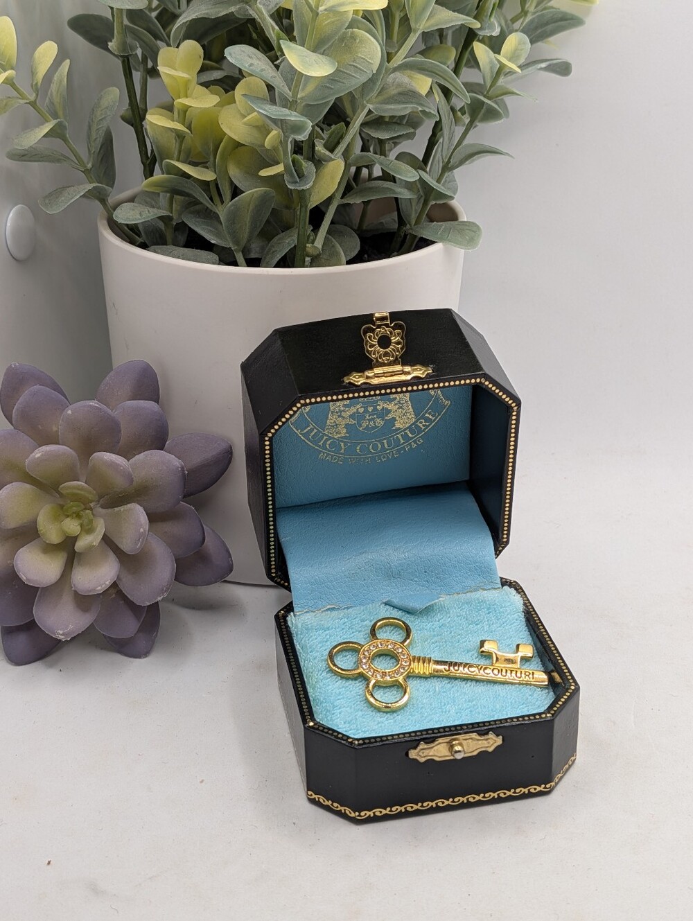 Juicy Couture Gold Key Charm with Black Branded Box and Blue Interior